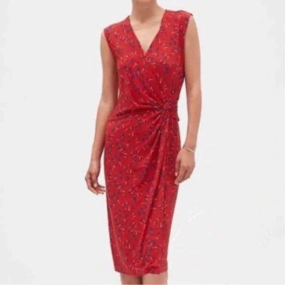 Banana Republic | Dresses | Banana Republic Red Floral Print Twist Faux Wrap  Dress | Poshmark